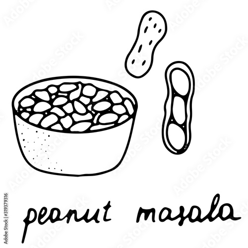 Hand drawn isolated traditional indian food icon. Black outline illustration of indian dish. Peanut masala bowl. 