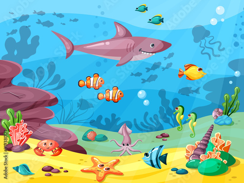 Underwater life. Wild animals in ocean or sea water flowing big small fishes seaweed corals seashells. Vector background