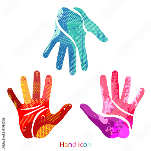 Set of abstract modern graphic hand,palm elements,icon. Dynamical colored Five finger hand open symbol,logo. Template for the design of a flyer,print shirt. Human hand, palm vector symbol, Palmistry