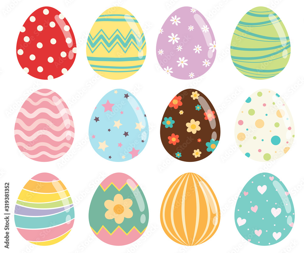 Happy Easter.Set of Easter eggs with different texture on a white background.Spring holiday. Vector Illustration.Happy easter eggs Happy Easter.Set of Easter eggs with different texture on a white background.Spring holiday. Vector Illustration.Happy easter eggs
