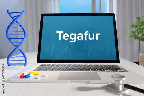 Tegafur– Medicine/health. Computer in the office with term on the screen. Science/healthcare photo