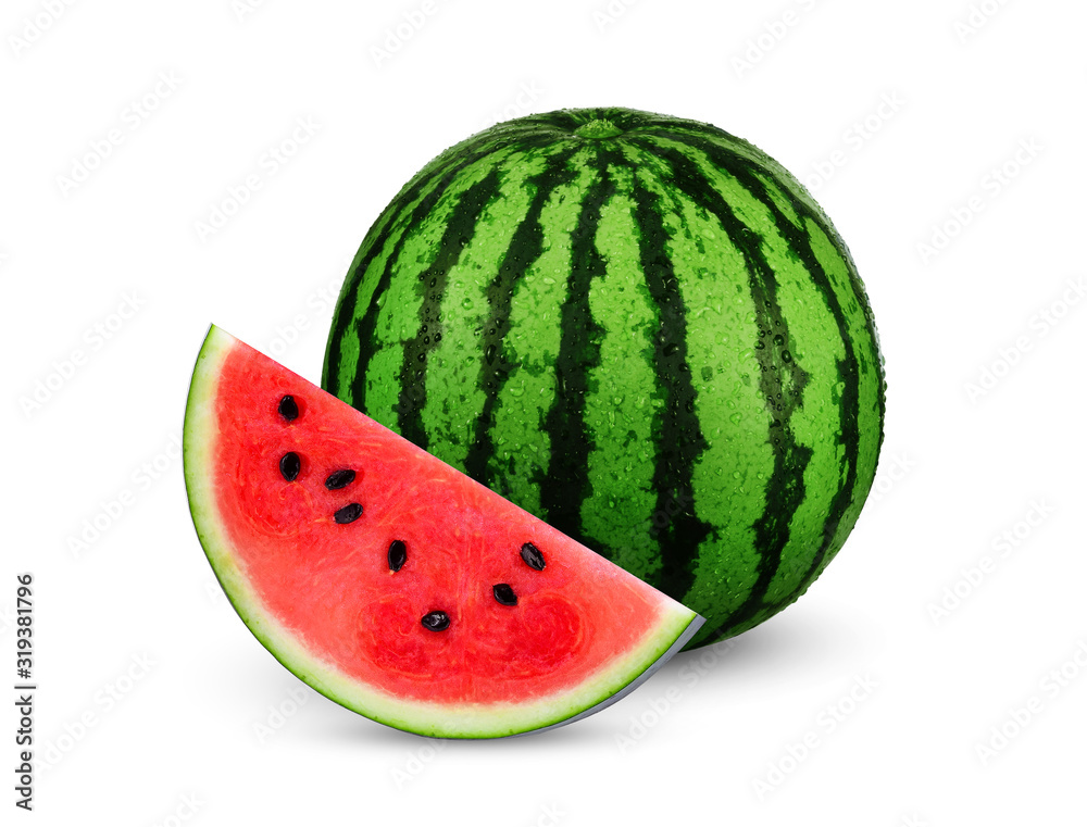 Slice and whole watermelon with water drop isolated on white background. Slice and whole watermelon with water drop isolated on white background.