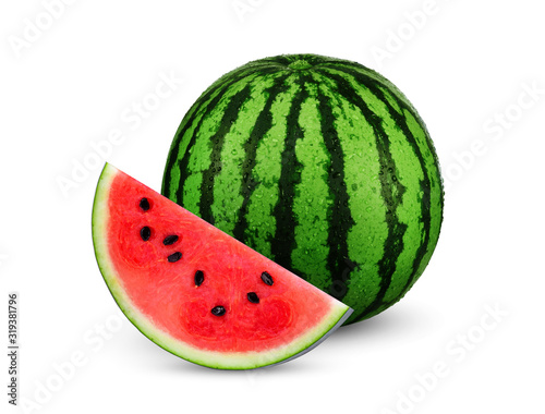 Slice and whole watermelon with water drop isolated on white background.