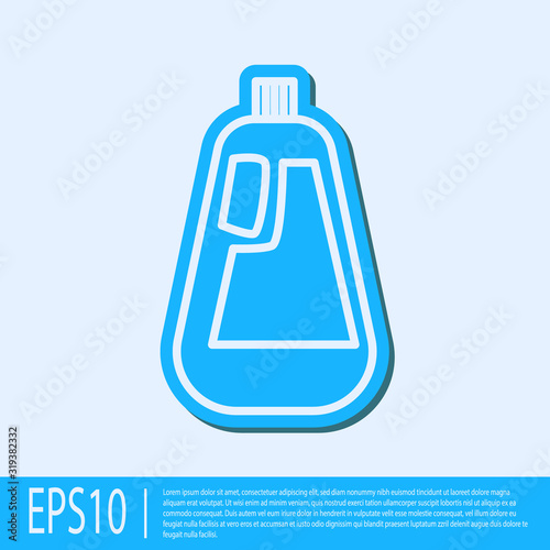 Blue line Plastic bottle for liquid laundry detergent, bleach, dishwashing liquid icon isolated on grey background. Vector Illustration