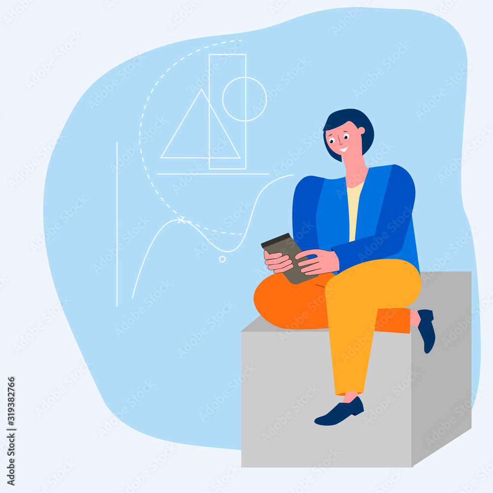 Woman sitting with a phone in hands, communication, education, development, e-commerce, mobile, business and digital marketing. Vector illustration in flat. Concept of communication in the network.