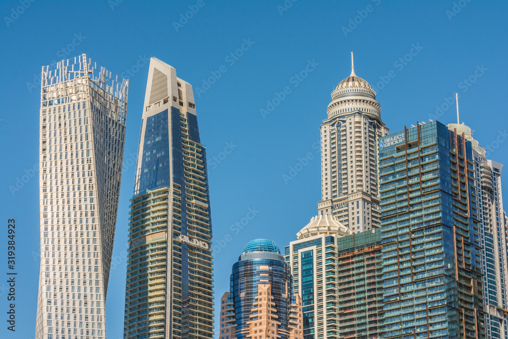 Futuristic architecture of Dubai Marina buildings, Dubai, United Arab Emirates