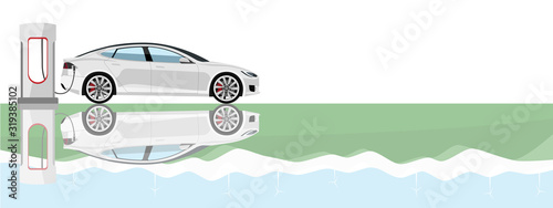 Electric car is reflected in a green landscape with wind turbines. Vector illustration