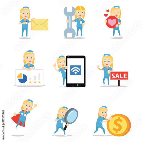 Set of character woman nurse with medical equipment.