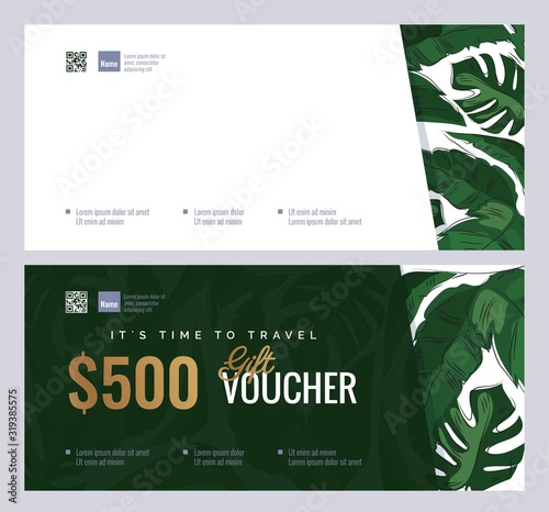 Gift voucher templates with tropical plant leaves. Summer, spa, resort concept. Vector illustration