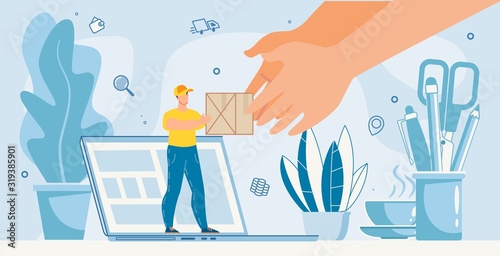 Office Parcels Delivery Online Internet Service Metaphor Advertisement. Tiny Deliveryman Giving Cardboard Box Standing on Laptop. Huge Human Hand Taking Package. Shopping, Buying, Receive Order