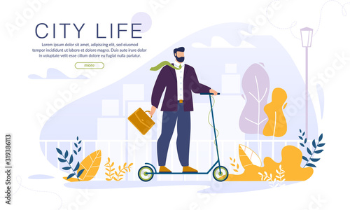 Businessman Millennial Office Manager Riding Electric Eco-Friendly Kick Scooter to Work through Street. Ecology City Life Webpage Banner. Modern Ecology Transport. Active Healthy Lifestyle