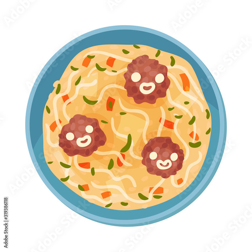 Food for Kids Arranged in Shape of Funny Muzzles Floating in Soup Top View Vector Illustration