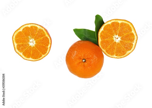 slice orange with leaf on white background  