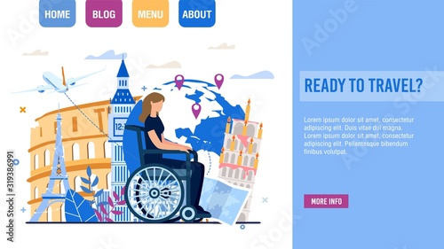 Travel Agency Offering Trip for Disabled People. Landing Page Trendy Design with Handicapped Woman Sitting in Wheelchair over Earth Globe and Famous World Attraction Vector Illustration