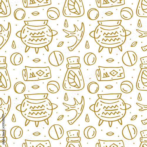 Witchcraft cute vector doodle hand drawn seamless pattern  background  texture. Isolated on white background. Different magic tools  equipment. Alchemistry  talismans  plants. Decorative element. 