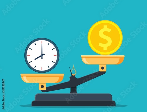 Time vs money on scales, disbalance. Time is money concept. Vector illustration in flat style. photo