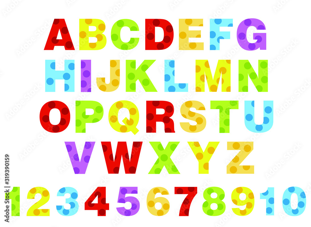 alphabet for children. Kids learning material. Card for learning alphabet. colored alphabet and numbers in  dots