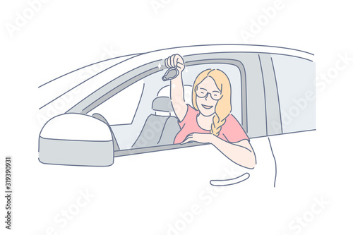 Car, buy, passing driving concept. Young cheerful woman passed her driving test and got driver license. Happy girl bought brand new car in salon and holds key on it in her hand. Simple flat vector
