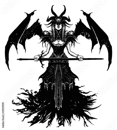 A beautiful demon girl with wings, a mask covering her eyes, dressed in many different trinkets and a beautiful dress with a ragged bottom, she Hovers in the air holding a sword in her hands.
