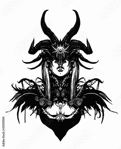 A beautiful demon girl in a mask covering her eyes, she is dressed in many different trinkets, symmetrically placed on both sides . 2D Illustration.