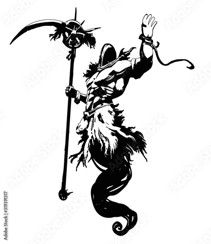 A muscular Ghost in a hood, with a huge scythe in his right hand, hovers in the air, raising his left hand up . 2D illustration