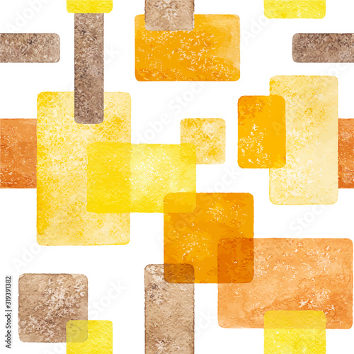 Hand pictured vector watercolor abstract geometric seamless pattern with orange,yellow,beige,broun textured rectangular and square elements on the white background