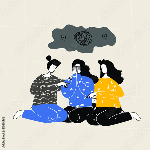 Female character in depression, sadness and her friends and relatives support her and calm her down. Concept of true friendship, aid, care and support. Flat cartoon colorful vector illustration