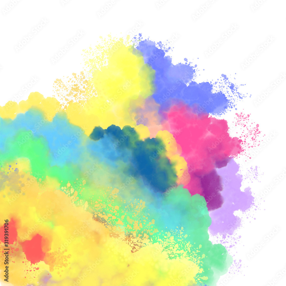 background with watercolor paint splashes and stains and bump and flash and burst of turquoise and yellow and green and red and purple and pink