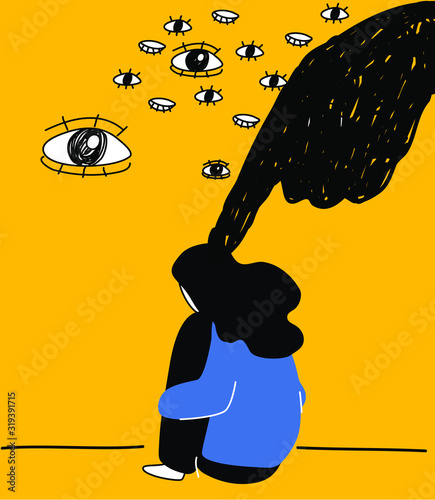Despaired woman hug shes knee. Isolated character. Family problems, pressure at work. Psychological abuse. Flat lineart style vector illustration.