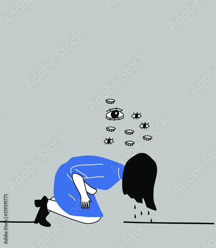 Despaired woman hug shes knee. Isolated character. Family problems, pressure at work. Psychological abuse. Flat lineart style vector illustration.