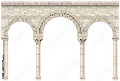 Fotografiet Ancient arcade of stone columns castle wall