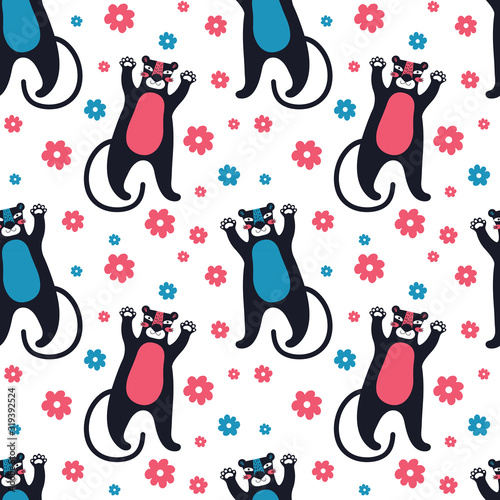 Seamless pattern funny black Panther among the flowers. Cute animal character in vector on white background. Background in a fun children s style. Wild animal. Big friendly cat