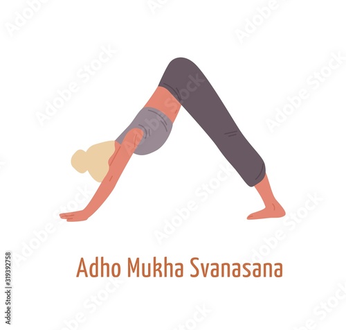 Yogi female in adho mukha svanasana posture vector flat illustration. Woman demonstrating Downward dog pose isolated on white. Active healthy girl practicing yoga exercise