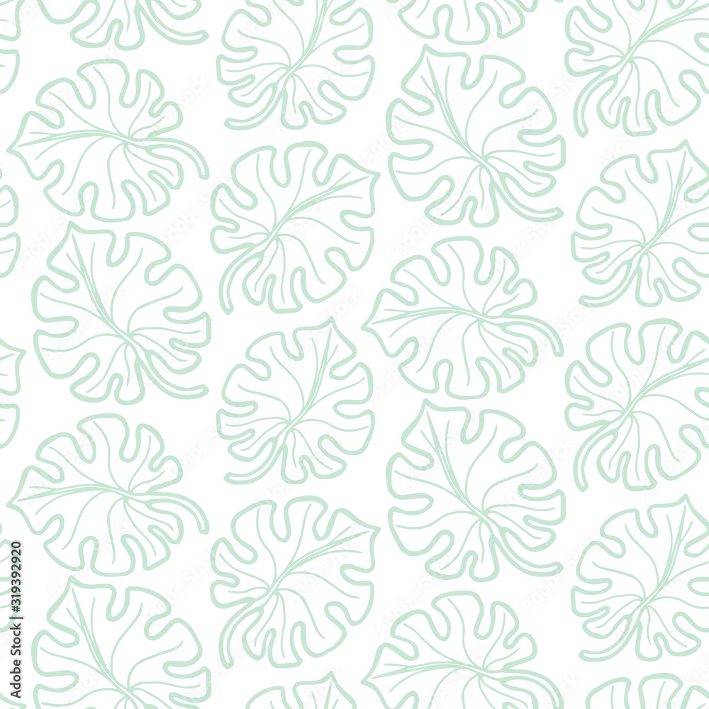 Hand drawn abstract seamless pattern with green monstera leaves. Exotic tropical leaves isolated on a white background. Template for card, fabric, wrapping paper. Vector illustration in pastel colors Hand drawn abstract seamless pattern with green monstera leaves. Exotic tropical leaves isolated on a white background. Template for card, fabric, wrapping paper. Vector illustration in pastel colors