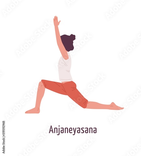 Active cartoon girl demonstrating anjaneyasana pose vector flat illustration. Yogi female practicing Young moon position isolated on white. Yoga woman training in low lunge posture