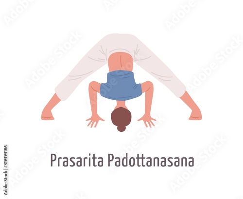 Cartoon female in prasarita padottanasana position vector flat illustration. ...