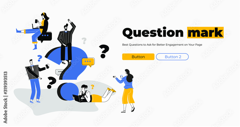 Question mark. Business people asking questions around a huge question mark. Flat Vector illustration for web banner, infographics, mobile website. Landing page template. Question mark. Business people asking questions around a huge question mark. Flat Vector illustration for web banner, infographics, mobile website. Landing page template.
