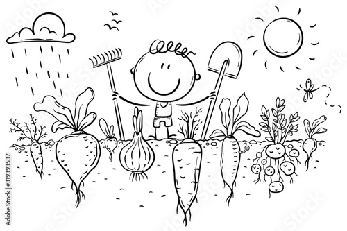 Happy farmer has grown a lot of vegetables