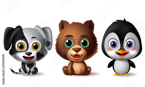 Animals character vector set. Dog, bear and penguin animal characters in sitting and standing pose with smiling facial expression isolated in white background. Vector illustration. 