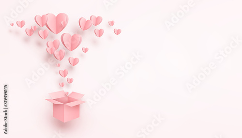 Hearts with gift box postcard. Paper flying elements on pink background. Vector symbols of love for Happy Mother's, Valentine's Day, birthday greeting card design..