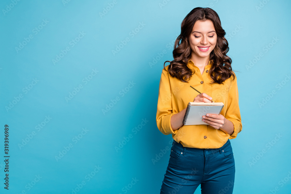 Portrait of her she nice attractive lovely pretty focused cheerful cheery wavy-haired girl writing love story isolated on bight vivid shine vibrant green blue turquoise color background - obrazy, fototapety, plakaty 