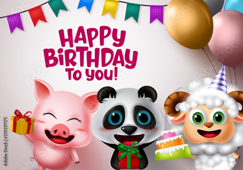 Happy birthday vector animal kids party. Happy birthday greeting text with animal characters like pig, bear and lamb holding party elements of cake, gifts, balloons, hat and pennants in white.
