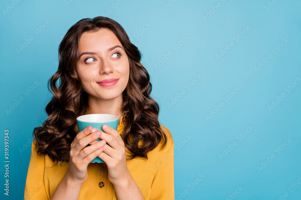 Close-up portrait of her she nice attractive cheery dreamy curious feminine wavy-haired girl holding in hands drinking latte isolated on bight vivid shine vibrant green blue turquoise color background Close-up portrait of her she nice attractive cheery dreamy curious feminine wavy-haired girl holding in hands drinking latte isolated on bight vivid shine vibrant green blue turquoise color background