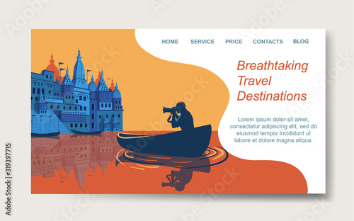 Breathtaking Travel destinations landing page. Varanasi Uttar Pradesh, India, Ganges river. Vector Illustration