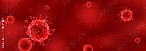 Horizontal banner concept with red viruses. Vector illustration with 3d microscopic bacteria and viruses. Coronavirus microbe cells in infected blood.