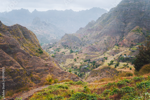 Vertiginous trekking trails leading between mountain hills down to the Coculi valley. Santo Antao Island, Cape Verde