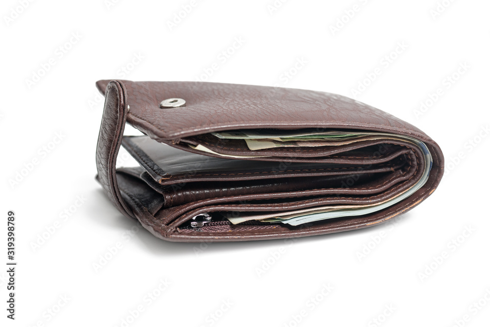 Leather wallet with money isolated - obrazy, fototapety, plakaty 