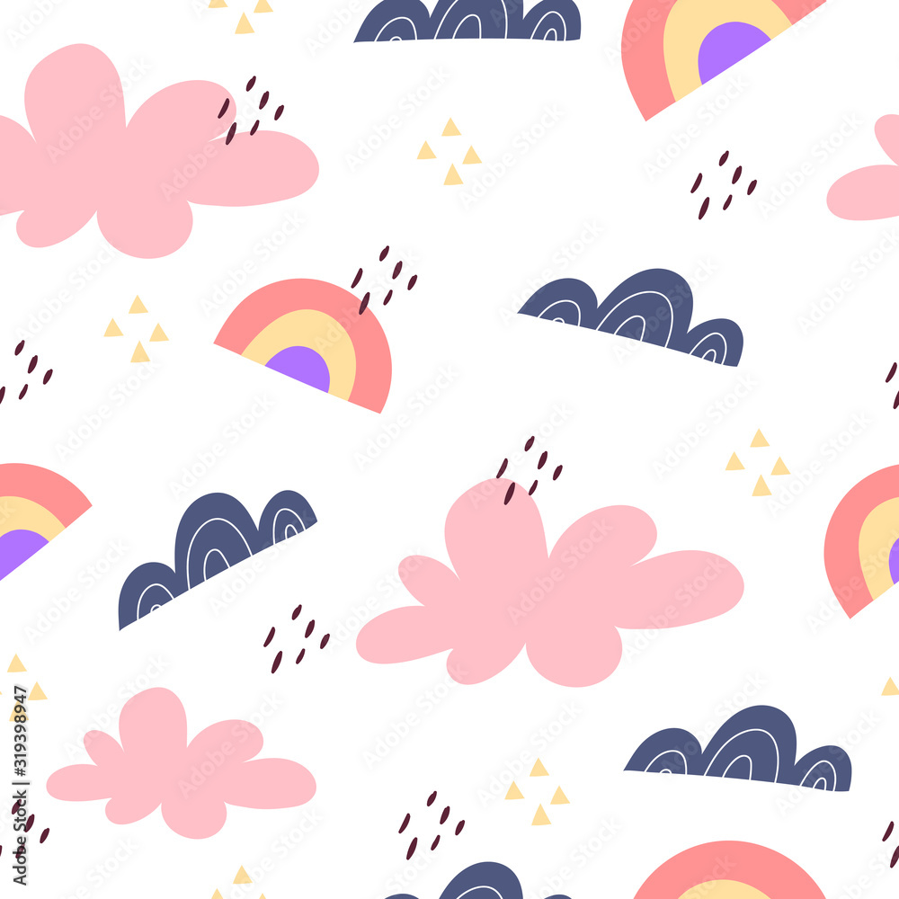 Seamless pattern with cartoon clouds, rainbow, decor elements. flat style, colorful vector for kids. hand drawing. baby design for textile, print, fabric, wrapper