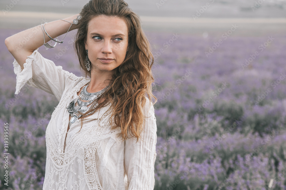 Boho styled model in lavender field