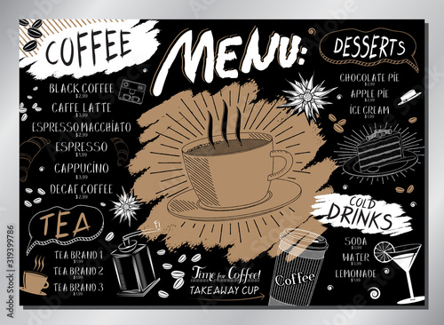 Vintage coffee house table menu (coffee, desserts, drinks) - A3 size (420x297 mm)